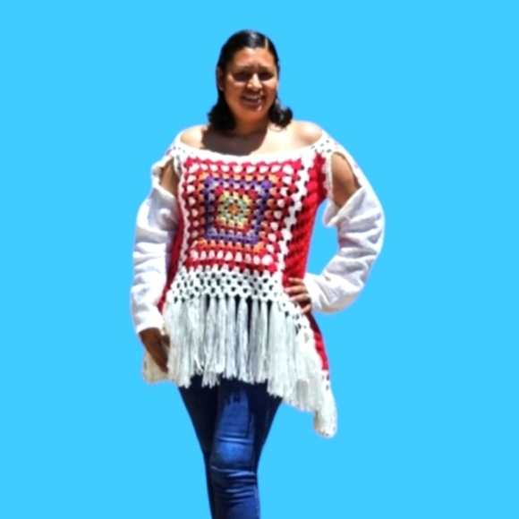 Hand Crafted Fringe White & Red Crochet Granny Square Multicolored Top Handmade - Picture 3 of 17